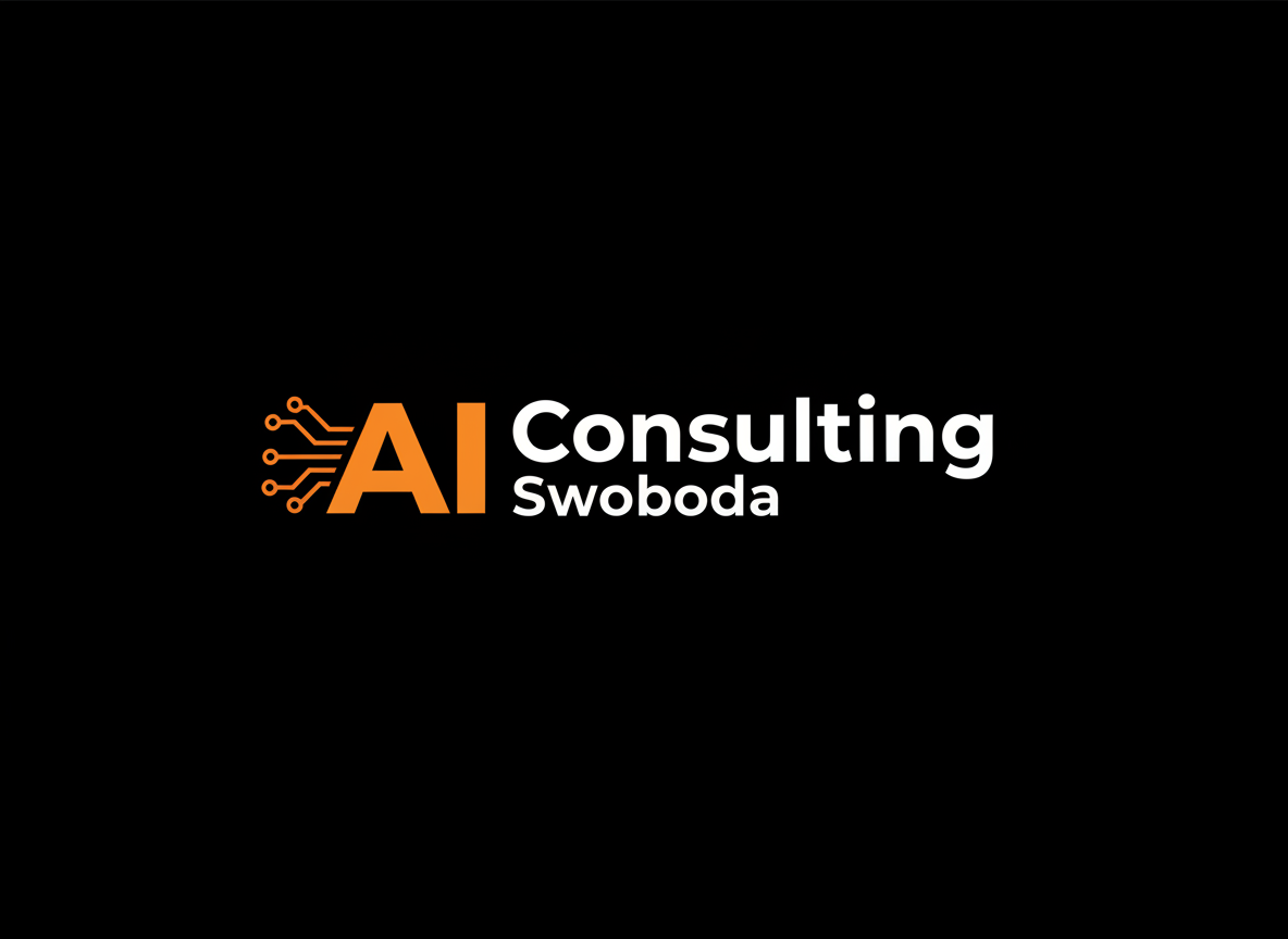 Professional tech consulting logo on pure black background. Text "AI Consulting Swoboda" in bold modern sans-serif font. "AI" in large electric orange (#FF6B00), "Consulting" in white, "Swoboda" in white but slightly smaller. A subtle geometric circuit-board or neural network line element in orange connects to the "AI" text on the left side. Clean, minimal, high-contrast, no gradients, corporate tech aesthetic. Logo designed for dark backgrounds.