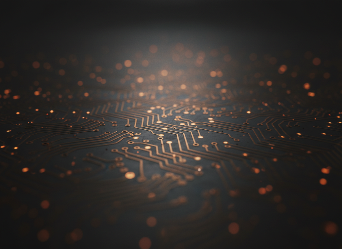 Dunkler, atmosphärischer Technologie-Hintergrund mit Leiterbahnen und schwachen orangefarbenen Lichtpunkten