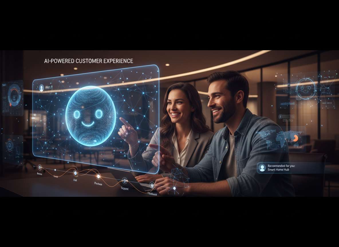AI-powered customer experience: modern digital interface with a friendly AI assistant helping customers, warm human interactions overlaid with subtle AI network visualizations, customer journey touchpoints, personalization elements. Dark sophisticated atmosphere with deep blue tones and orange accents. Corporate, modern, trustworthy.